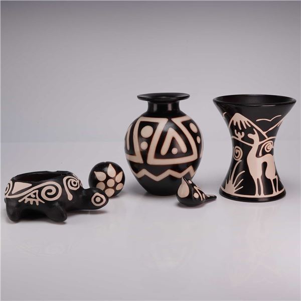 Collection of Five Peruvian Chulucanas Black and White Pottery Items