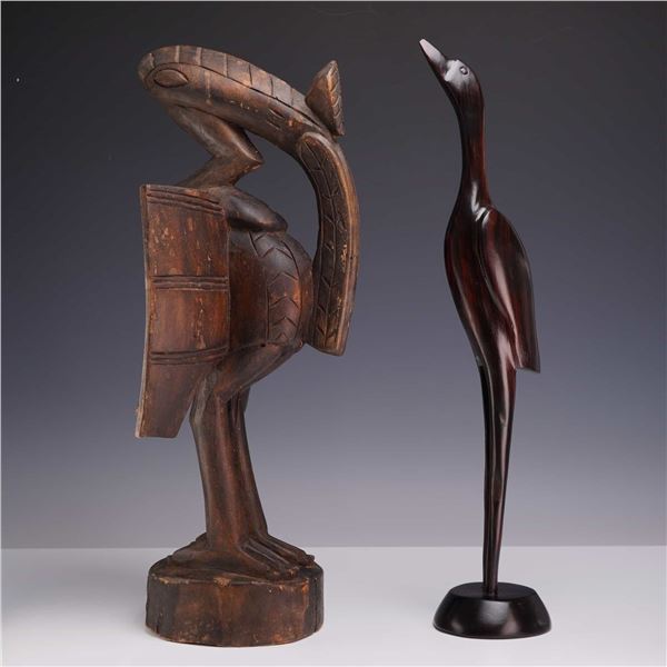 Two Carved Wooden Bird Sculptures including a Senufo Hornbill