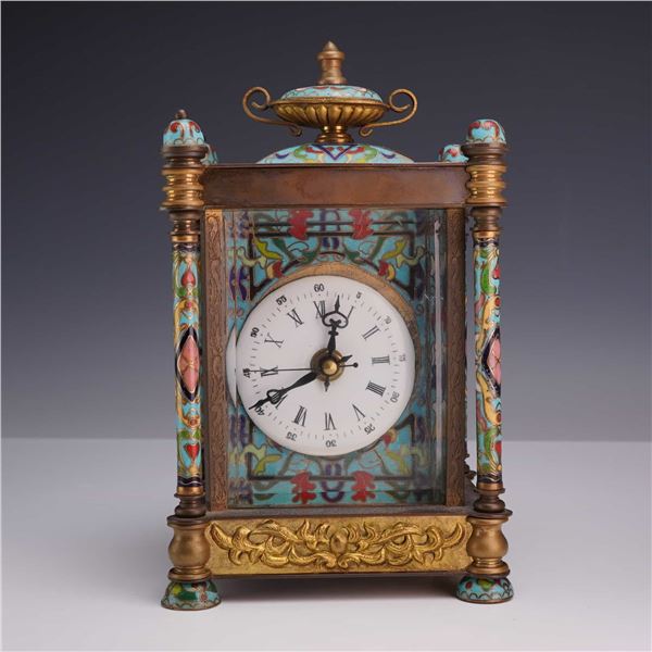 Chinese Cloisonne Enamel and Brass Quartz Mantel Clock