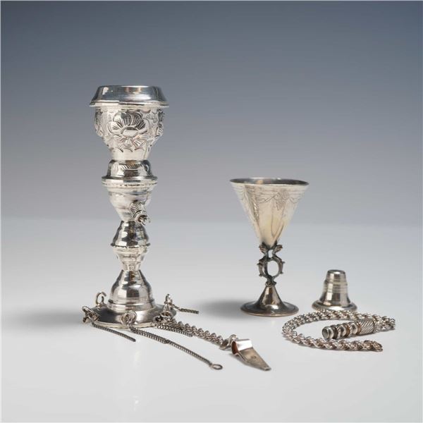 Three Sterling Silver Judaica Items Including a Spice Tower, Kiddush Cup, and Torah Pointer