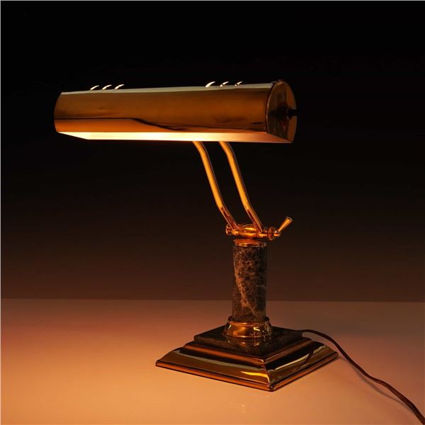 Brass-Tone Desk Lamp with Green Marble Column and Base