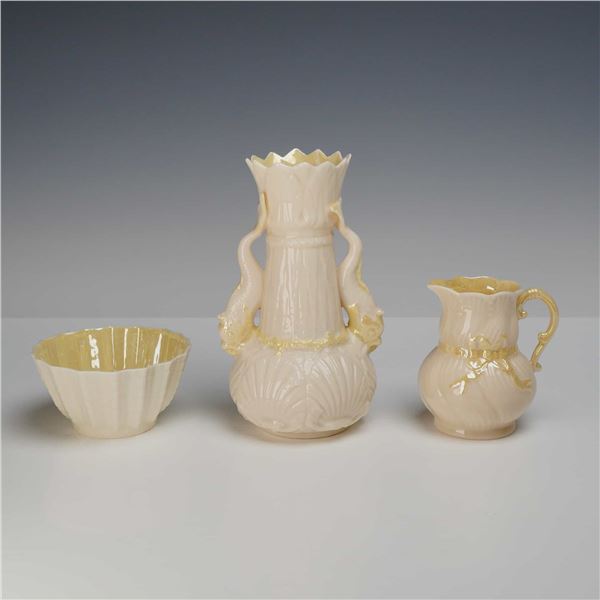 Belleek Dolphin and Ribbon Pattern Iridescent Parian Porcelain Three-Piece Collection