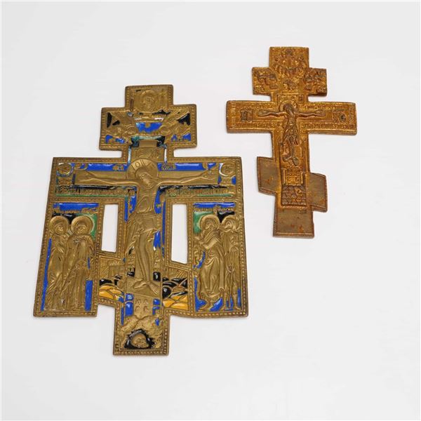 Two Russian Orthodox Brass and Enamel Crucifixes, 19th Century