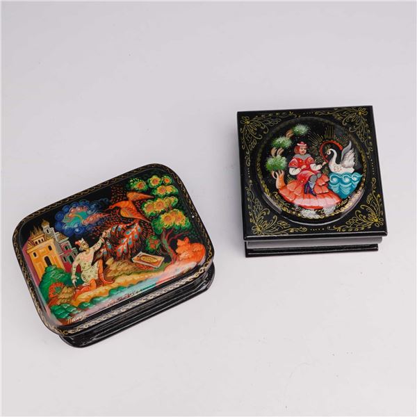 Two Russian Lacquer Boxes Featuring Traditional Folk Art Fairytale Scenes