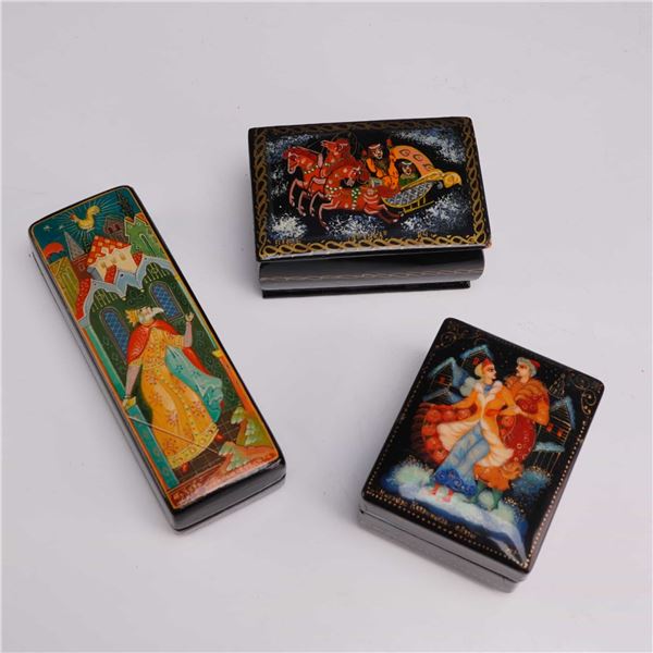 3pc Hand-Painted Russian Lacquer Papier-Mache Boxes Including Palekh and Mstera