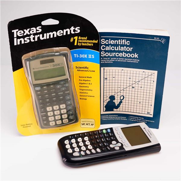 Texas Instruments 3pc Grouping, TI-30X IIS and TI-84 Plus Calculators with Sourcebook, c. 2007