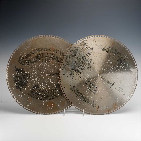 Regina 15.5-Inch Music Box Discs, Pair of Antique Metal Discs, 1897