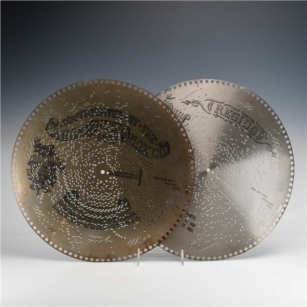 Regina 15.5-Inch Perforated Metal Music Box Discs, c. 1897