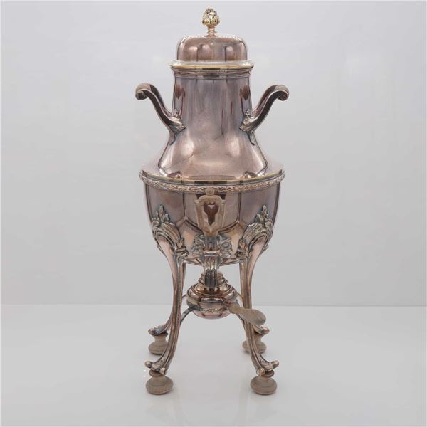Victorian Rococo Revival Style Silver-Plated Hot Water Urn with Stand and Burner at Bottom