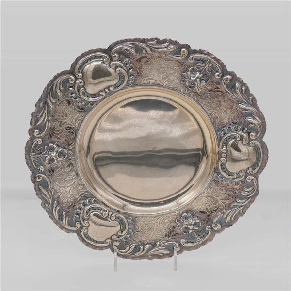 American Sterling Silver Floral Repousse Wall Plate with Cartouches