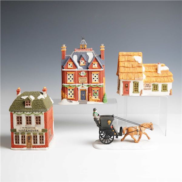 Collection of 4 Department 56 Dickens Village Series Buildings and Accessory with Boxes and Cords
