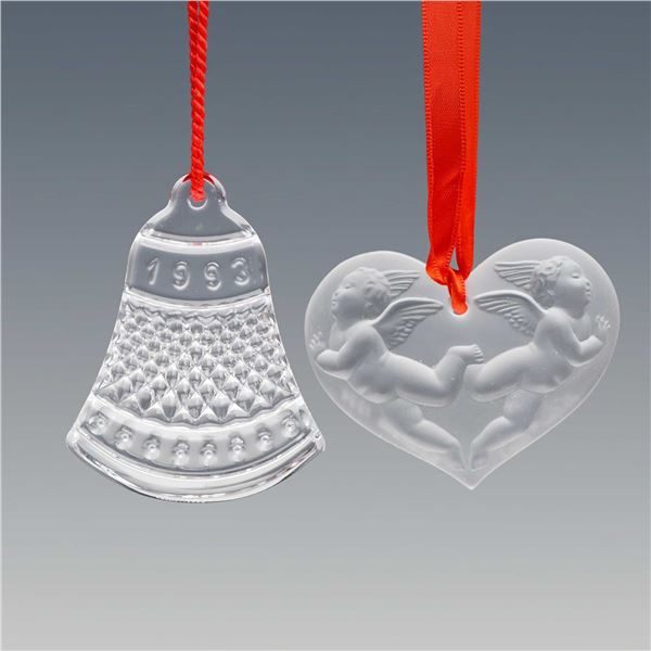 2pc Lalique and Waterford Crystal Christmas Ornaments