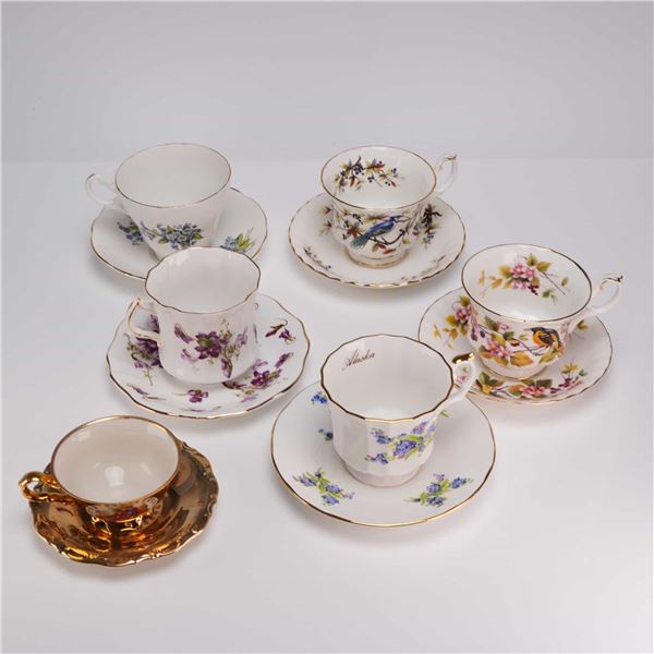 Collection of Six English Bone China and Porcelain Teacups and Saucers including Royal Albert & Hamm