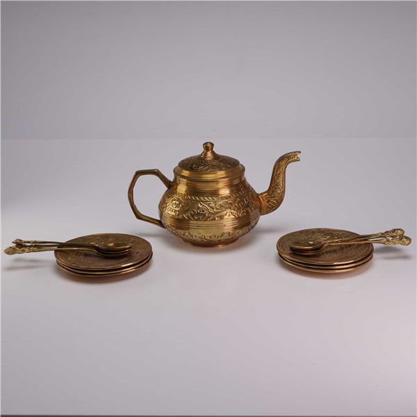 13pc Set of Embossed Brass Tea Service Items