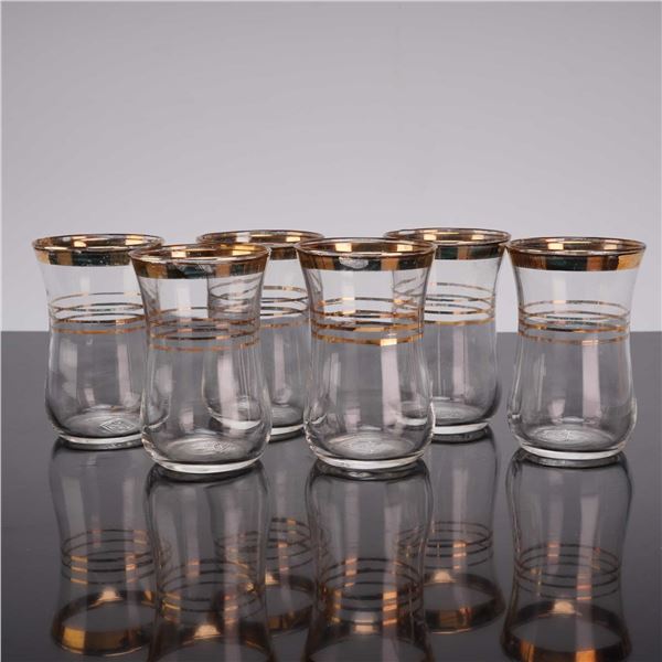 Set of Six Pasabahce Turkish Tea Glasses with Gold Rims, Aida Pattern