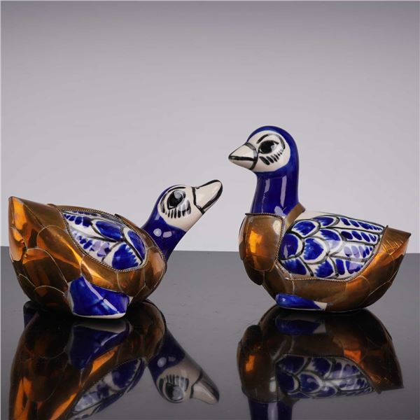 Two Mexican Tonala Ceramic and Brass Duck Figurines