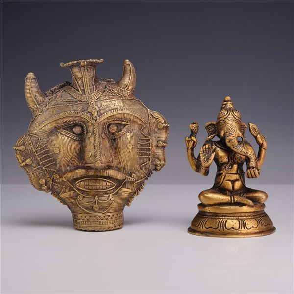 Two Indian Cast Bronze Decorative Objects, Tribal Deity Mask and a Ganesha Figurine