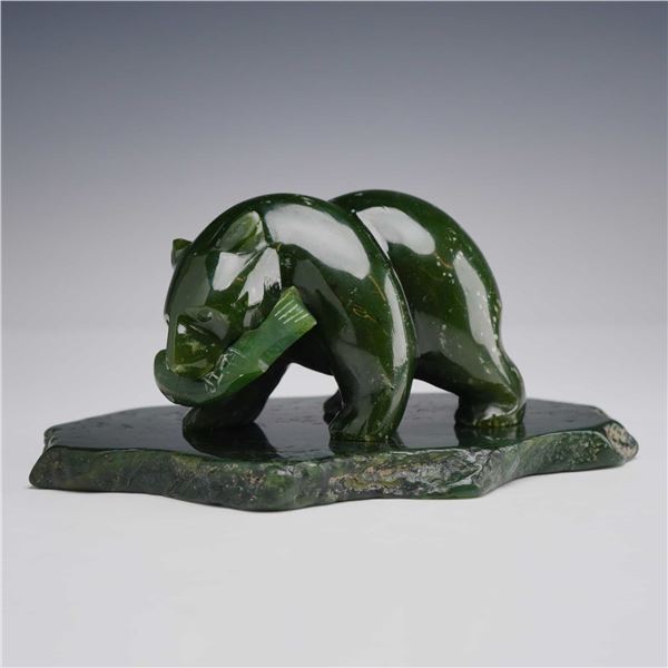 British Columbia Carved Green Jade Grizzly Bear with Fish Sculpture with Base
