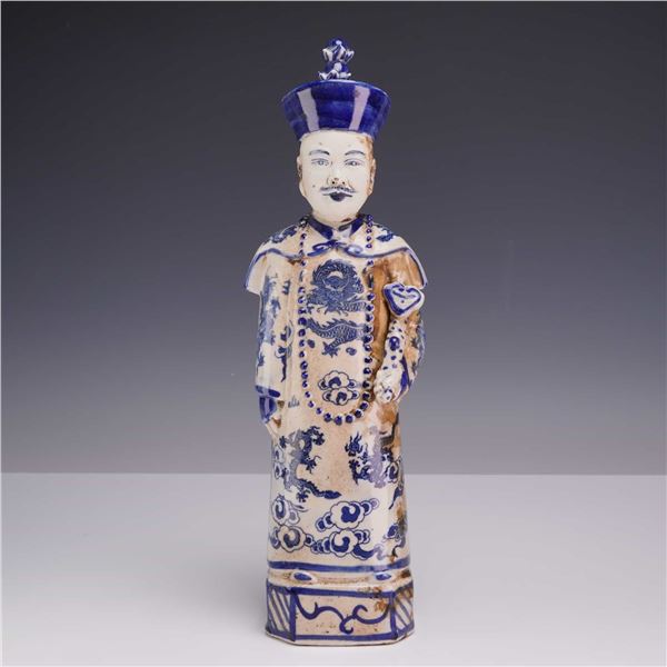 Decorative Blue and White Porcelain Figure of a Chinese Emperor in Qing Dynasty Style