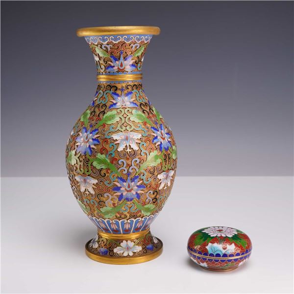 Two Chinese Cloisonne Enamel Items including Vase and Covered Box