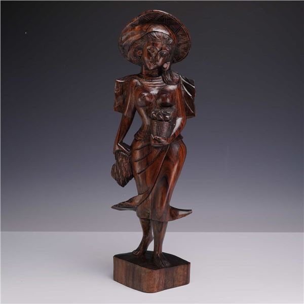 Hand Carved Teak Wood Figure of a Balinese Woman with Basket