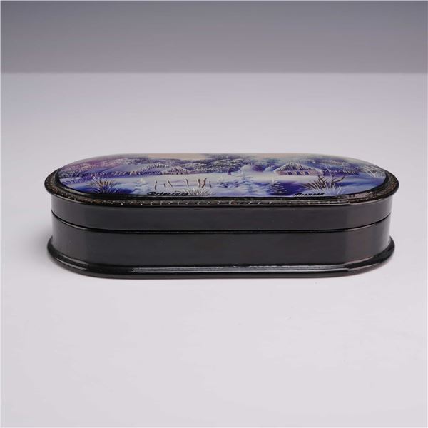 Russian Fedoskino Hand-Painted Lacquer Box with Winter Landscape