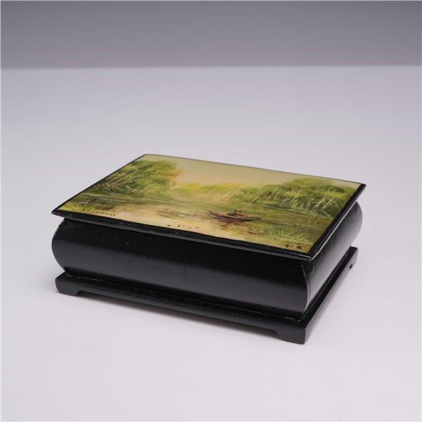 Russian Lacquer Papier-Mache Box with Hand-Painted Landscape