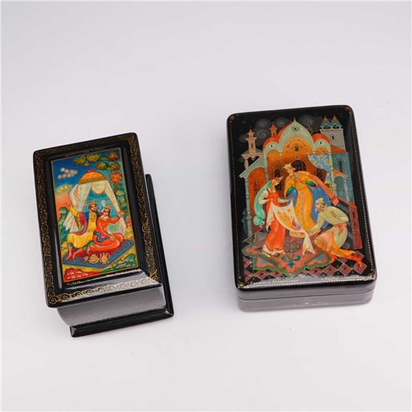 Two Russian Hand-Painted Lacquer Boxes including a Kholuy Example