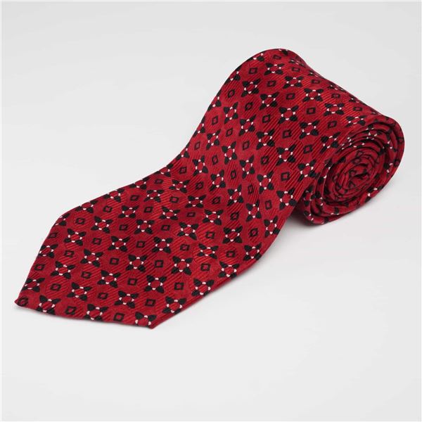 J Hane Barnes Mens Red Silk Geometric Medallion Tie, Made in Japan