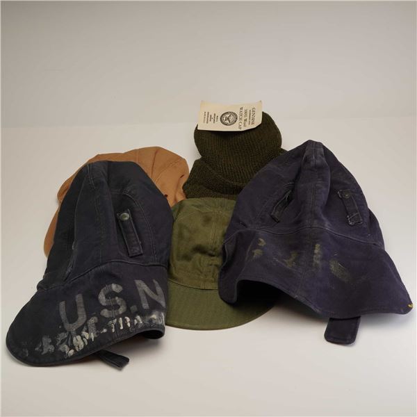 US Military 5pc Hat Lot, 2 US Navy Utility Deck Hats, 2 Caps, and Wool Watch Cap, WWII to Modern