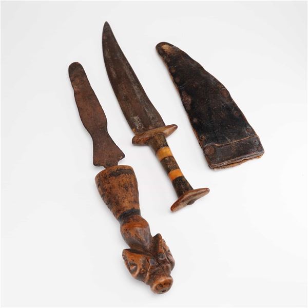 Two Hand Carved Asian Roast Knives and Leather Sheath