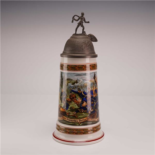 House of Goebel German Ornate Porcelain Beer Stein with Military Soldiers Scene and Pewter Lid