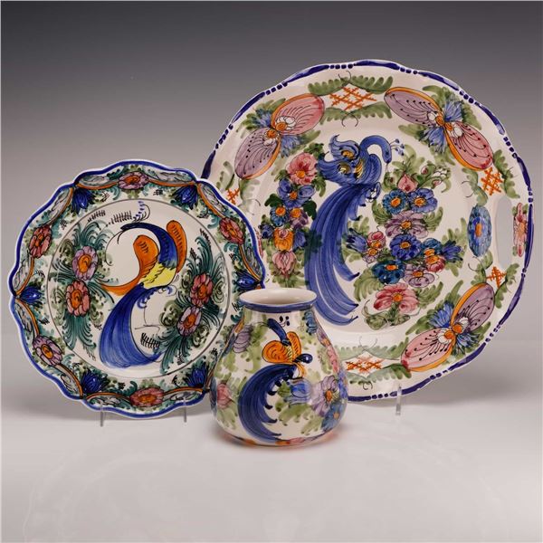 A Trio of Hand Painted Skyros Greek Ceramic Bird and Floral Tableware
