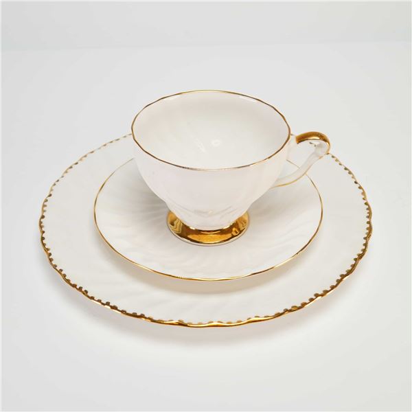 Vintage Queen Anne and Gladstone Bone China Tea Trio Set of 3 with Gold Accents