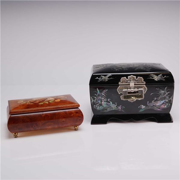 2pc Music Boxes Including Sorrento Italian Marquetry and Korean Najeonchilgi Lacquerware