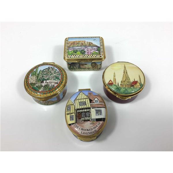4pc Staffordshire Enamels, Halcyon Days, and Crummles & Co. World Travel Motif Enamel Boxes