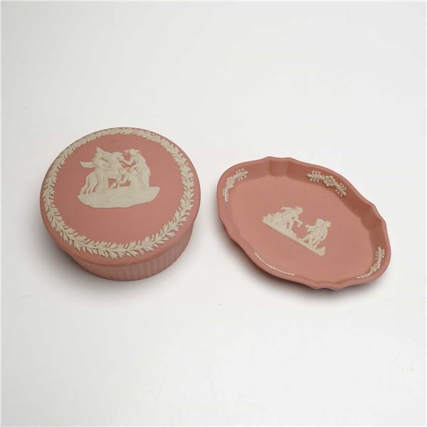 2pc Wedgwood Terracotta Jasperware, Lidded Trinket Box & Pin Dish