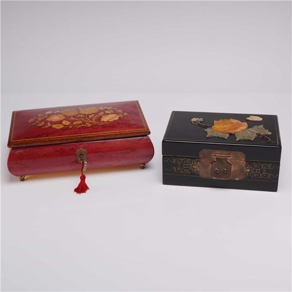 2pc Jewelry Boxes including Carved Stone Lacquer Ware and Burlwood Musical Box