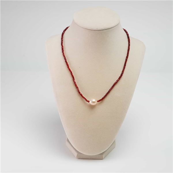 14K Gold Garnet Bead and Cultured Pearl Necklace