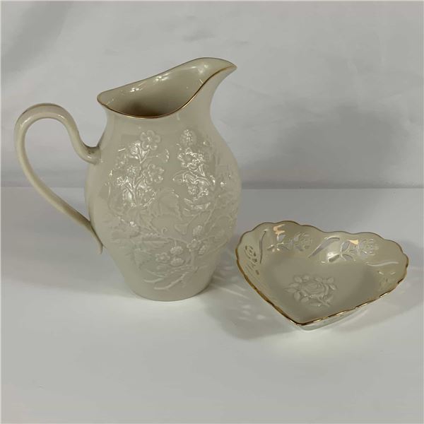 Two Lenox Ivory Porcelain Items Including Blackberry Pitcher and Pierced Heart Dish