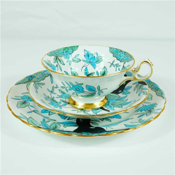 Royal Chelsea 663A Turquoise Enamel Floral and Gilt Bone China Tea Trio