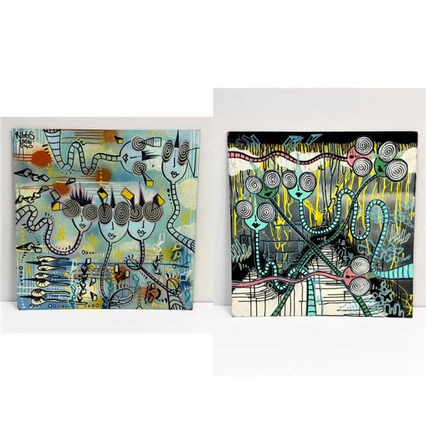 Chris Riggs (American, b. 1973) Pair of Street Pop Art Paintings on Board, Signed