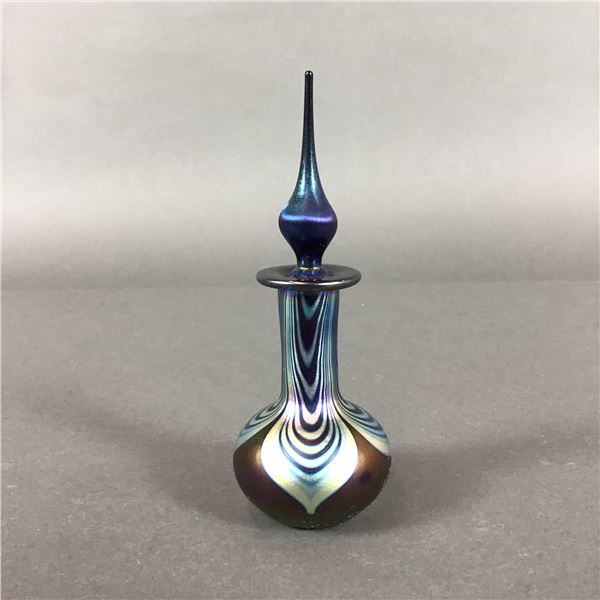 Stuart Abelman Iridescent Pulled Feather Art Glass Perfume Bottle w/ Stopper
