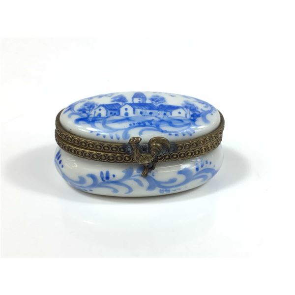 Limoges France Blue and White Village Motif Trinket Box
