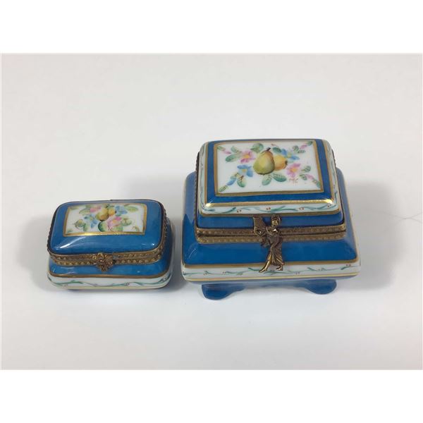 2pc La Seynie Limoges and Dubarry Porcelain de France Floral and Fruit Motif Enamel Boxes