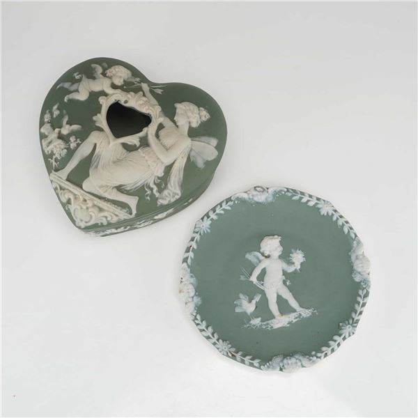 Two Sage Green Jasperware Vanity Items, Heart-Shaped Covered Box and Dish