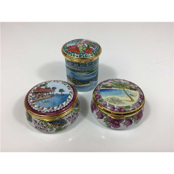3pc Staffordshire Enamels for J. Rothschild Assurance Tropical Motif Enamel Boxes