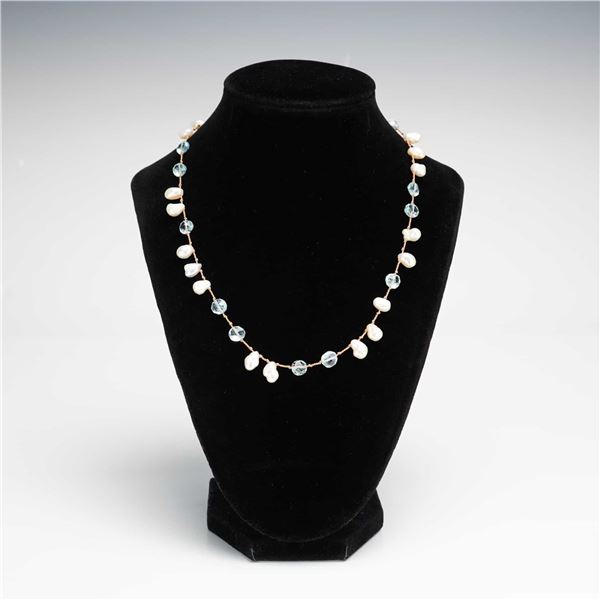 Sterling Silver Baroque Pearl and Faceted Aquamarine Station Necklace