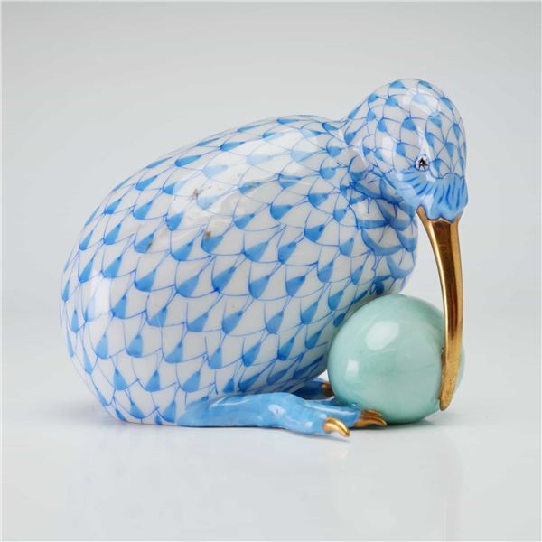 Herend Blue Fishnet Porcelain Figurine, Kiwi Bird with Egg