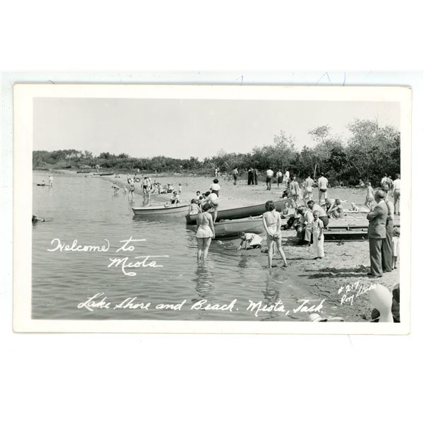 Vintage RPPC – “Welcome to Meota. Lake Shore and Beach. Meota, Sask.  #217 Roxy St